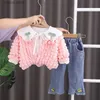 Conjuntos de roupas primavera outono bebê menina dia dos namorados roupa personalizar adorável cor sólida cardigan casacos + camisetas + calças meninas conjunto de roupas