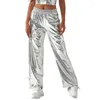 Damenhose, weites Bein, metallisch, hohe Taille, holografische Streetwear-Hose mit reflektierendem Schimmer, Hip Hop