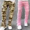 Püskül Avrupa ve Amerikan Ağır Sokak Sokak Streç yama kot pantolon erkekler için yüksek cadde düz fit uzun kot 240124
