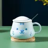 Кружки, милая мультяшная чашка с крышкой, ложка, керамическая и керамическая кружка, кавайные чашки кофе, оригинальный завтрак для чайной пары, подарок
