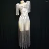 Scenkläder ljusa silver fransar strassar bodysuit sexig lyxig leotard kläder kvinnor födelsedagsfest jumpsuit sångare dans kostymer