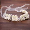 Hair Clips Romantic Wedding Accessories For Bride Pearl Floral Tiaras Headbands Handmade Flowers Women Band White Ribbon