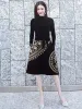 Dresses New Spring Autumn Women's High Quality Fashion Party Black Knit Elasticity Embroidery Office Elegant Casual Midi Dress