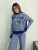 Houndstooth منقوشة السترة متماسكة بانت مجموعات مطابقة 2 قطعة شتاء مجموعات Women Loungewear Tracksuit محبوكة اثنين من النساء مجموعات 240119