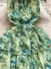 Abiti casual Estate Verde Tie Dye Chiffon Cascata Ruffles Abito da donna Halter Bandage Backless Lace Up Chic Print Beach Cake Long