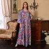 Abbigliamento etnico Abito modesto per donna Elegante casual Primavera Stampato floreale Abiti lunghi Scollo a V Nastro in pizzo Moda musulmana Abaya Jalabiyat