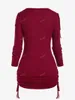 Kvinnors T-skjortor Rosegal Plus Size Cowl Neck Rib-stickad Cinched Ruched T-shirt Deep Red Long Sleeve Sticked Top Fashion Tees