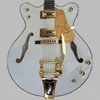 Semi-hollow jazz electric guitar, double output mahogany fingerboard, large tremolo bridge, fast transport, six strings