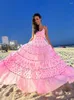 Casual Jurken Chic V-hals Gedrukt Patchwork Maxi Jurk Vrouwen Mode Losse Mouwloze Jarretel Gewaad 2024 Dame Vakantie Strand Vestidos