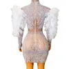 Stage Wear Mode Argent Strass Party Robe Femmes Dentelle Manches Robes De Soirée Célébrer Festival De Bal Outfit XS7138