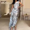 الفساتين غير الرسمية 2024 صيفي النساء المطاط فستان الأزهار طباعة طوق قطري أزياء الخصر جوفاء الحزب الأنيق غير المنتظم