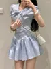 Work Dresses French Sweet Doll Neck Top Pleated Skirt Two-piece Set Women Fashion Lace Splice Print Bubble Sleeves Slim Summer College Suit