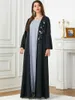 Abbigliamento etnico Abaya nero per le donne Perline ricamato sul retro pieghettato Dubai Abaya aperto Islamico Abiti lunghi musulmani Cardigan Ramadan