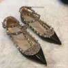 Version Valenstino Designer Heel Studs Shoes Pump High v Family Rivet Pointed Flat Women Two Loop Straps Shallow Cut Heels Versatile Sexy Single Shoe