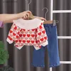 Clothing Sets Spring Autumn Baby Girl Valentines Day Outfit Personalize Lovely Heart Printed Cardigan Coats + Shirts + Pants Girls Clothes Set