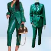 Femmes039s Pantalons en deux pièces Vintage Fashion Pu Leather Tracksuis de grande taille Lacet Up 2 Tenues Green Faux Veste Suit Sweatsu7666066