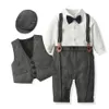 Born Boy Vêtements formels Ensemble infantile garçon gentleman anniversaire barboteuse tenue avec chapeau gilet à manches longues infantile combinaison costume formel 240118