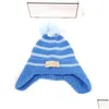 Beanie/Skull Caps Nouveau bébé rayures tricot chapeaux Ushanka marque enfants casquette d'hiver enfants bonnets grosse boule 6 couleurs pour 2-8 ans Dr Dhk9V