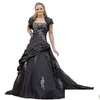 A-Line Wedding Dresses Gothic Black A Line Wedding Dresses With Short Jacket Ruched Satin Long Bridal Gowns Lace Appliques Draped Back Ot0Tb