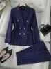 Fashion S8XL Office Ladies Formal Pant Suit Set Women Blue Striped Female Business Work Wear 2 Piece Blazer Jacket And Trouser 240118
