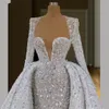 Sparking See Through Mermaid Wedding Dresses Sequins Beaded V Neck Bridal Gowns Custom Made Dubai Detachable Train Vestido de novia