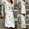 Casual Dresses Spring Autumn Floral Print Long Dress Boho V Neck Sleeve Lace Patchwork Party for Women Fashion Holiday Maxi