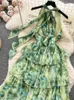 Abiti casual Estate Verde Tie Dye Chiffon Cascata Ruffles Abito da donna Halter Bandage Backless Lace Up Chic Print Beach Cake Long