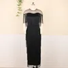 Party Dresses Stunning Black Tassels Women Evening Dress Sheer Mesh Short Sleeves Round Neck Side Split Sexy Ladies