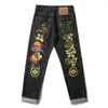 Calças de brim europeias e americanas de alta rua Hip Hop Graffiti Imprimir Jeans Marca na moda Slim Straight Wide Leg Pants Calças 240124