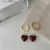 Stud Simple Design Wine Red Love Heart Dangle Earrings For Women Gold Color Circle Vintage Peach Drop Earring Can Be Separated Q240125