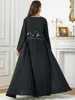 민족 의류 흑인 아바야 여성을위한 흑인 아바야 구슬 자수 주름 두바이 오픈 아바야스 이슬람 무슬림 드레스 가디건 라마단