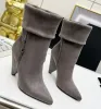 Designer Pointed Toe Ankle Boots Luxury Stacked Cone Heel Boot Suede Ankle boots Smooth Leather Women Ladies Fashion shoes Folded Shaft