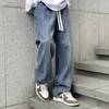 Erkek kot pantolon erkekler yüksek sokak geniş bacak pantolon genç moda gevşek dantel up longtrousers artı boyut xxxl retro mavi
