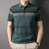 Men's Polos 2024 T-shirt Turn-down Collar Silky Cotton Real Pocket Summer Short Sleeve Polo Striped Button Casual Tops