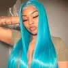 13x4 deep lace front wig synthetic soft glue free natural sky blue 26 inch long straight baby hair 180% density pre insert 230125