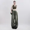 Damenjeans Circyy Grüne Frauen Hohe Taille 2024 Herbst Kordelzug Breites Bein Ganzkörperhose Vintage Burr Loose Washed Hose