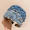 Yağmurluk moda geniş mavi denim çapraz düğümlü kafa bandı kadınlar kişisel inci rhinestone saç bandı vintage saç çember çerçeve aksesuarları