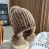 Beanie/Skull Caps Winter Hot Sale Real Mink Fur Hat For Women Knitted Mink Fur Ear Warm Cap The Spiral Beanies Cap With Fox Fur Pompom On The Top 240125