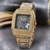 Hip Hop Iced Out Men Skey Starry Hollow Skeleton Dial Watch Diamantes cuadrados Bisel Cuarzo Hombres Oro Plata Correa de acero inoxidable Pulsera Fecha automática Super Relojes Regalos