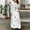 Casual Dresses Spring Autumn Floral Print Long Dress Boho V Neck Sleeve Lace Patchwork Party for Women Fashion Holiday Maxi