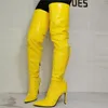 Boots Women Croct Long Yellow Dance Faux Leather High Cheels Side Zip على ركبة السيدات أحذية امرأة كبيرة الحجم 44 45 46 47