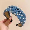 Imperméables Mode Large Bleu Denim Croix Nouée Bandeau Femmes Perle Personnelle Strass Bandeau Vintage Cheveux Cerceau Lunette Accessoires