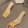 Tofflor Fashion Crystal Rhinestone Women's Pumps Square Toe Tjock High Heels Wedding Prom Shoes Pvc Transparent Sandals
