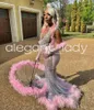 Pink Silver African Evening Födelsedagsklänningar Gravida kvinnor Sparkly Diamond Crystal Feather Prom Ceremony Gown for Black Girl