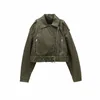 ZVRI Women Vintage Loose Pu Faux Leather Short Jacket with Belt Streetwear Female Zipper Retro Moto Biker Coat Outwear Tops 240122
