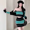 Saias de três peças conjunto vintage moda feminina elegante harajuku roupas de cintura alta coreano doce lolita estilo listrado férias ins