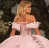 Fantasy Pink Quartz Princess Quinceanera klänningar glittrande av axel Tassel Gillter Applique Vestidos de 15 Quinceanera 2024