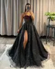 Sexy black prom dress a line high split illusion evening dresses elegant glitter bone bodice burgundy sequins top party dresses for special occasions promdress