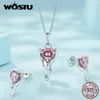 Ensembles WOSTU 925 en argent sterling en forme de coeur en cristal rose CZ gland boucles d'oreilles collier de charme Valentine cadeau ensemble de bijoux de mariage