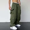 Calças masculinas cintura elástica oversized multi bolso carga com cintura alta virilha para homens respirável hop streetwear